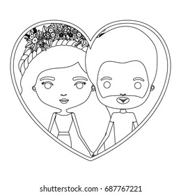 monochrome silhouette heart shape portrait caricature with couple and her with long wavy hair with floral crown and him with short hair and beard vector illustration