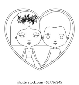 monochrome silhouette heart shape portrait caricature with couple and him with short hair and her with dress and short hairstyle and floral crown accesory vector illustration
