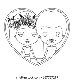monochrome silhouette heart shape portrait caricature with couple and her with medium straight hair and floral crown accesory and him with van dyke beard vector illustration