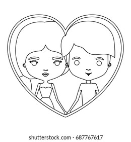 monochrome silhouette heart shape portrait caricature with couple and him with short hair and her with dress and ponytail hairstyle vector illustration