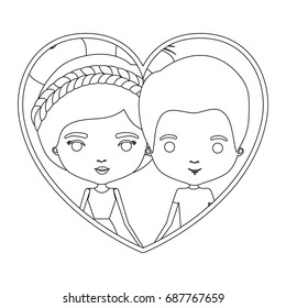 monochrome silhouette heart shape portrait caricature with couple and him with short hair and her with dress and double bun hairstyle vector illustration