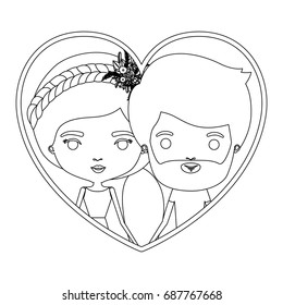 monochrome silhouette heart shape portrait caricature with couple and him with short hair and beard and her with ponytail hairstyle and floral crown accesory vector illustration