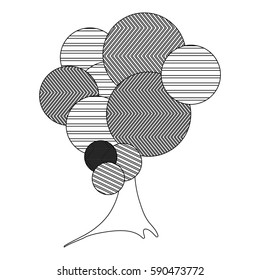 monochrome silhouette high leafy tree plant with striped lines and trunk vector illustration