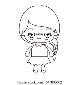 monochrome silhouette of kawaii cute little girl with braided hair and embarrassed facial expression vector illustration