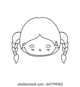 monochrome silhouette of kawaii head little girl with braided hair and facial expression tired vector illustration