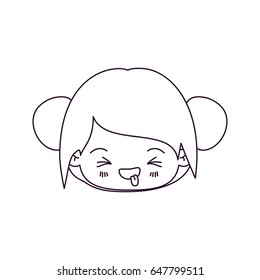 monochrome silhouette of kawaii head little girl with collected hair and facial expression unpleasant vector illustration