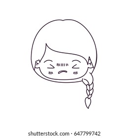 monochrome silhouette of kawaii head little girl with braided hair and facial expression angry with closed eyes vector illustration
