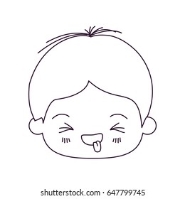 monochrome silhouette of kawaii head of little boy with facial expression funny with closed eyes vector illustration