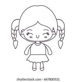 monochrome silhouette of kawaii little girl with braided hair and facial expression happiness with closed eyes vector illustration