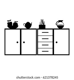 monochrome silhouette of kitchen shelf and drawers and tea kettle and coffee jar vector illustration