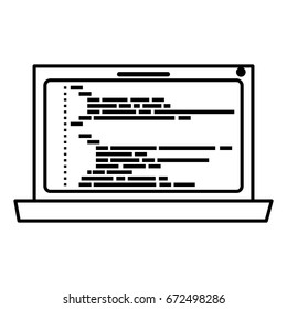 monochrome silhouette of laptop computer with screen programming window with script code vector illustration