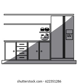 monochrome silhouette of lower kitchen cabinets with fridge vector illustration