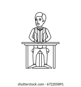 monochrome silhouette of man with formal clothes and necktie and sitting in chair in desktop vector illustration