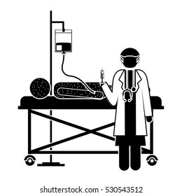 monochrome silhouette with man hospitalized and the doctor