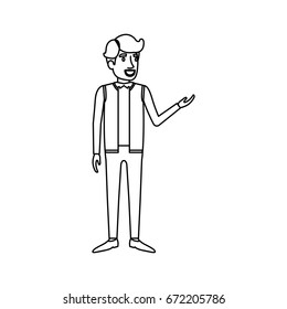 monochrome silhouette of man stand in formal clothes with waistcoat vector illustration