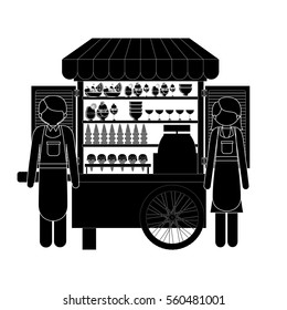 monochrome silhouette man and woman with ice cream bike