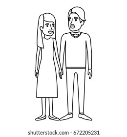 monochrome silhouette of man and woman standing and her with long hair straight and him in formal clothes and hair side fringe