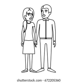 monochrome silhouette of man and woman standing and her with ponytail and him in casual clothes vector illustration