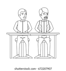monochrome silhouette of men sitting in desk one with casual clothes and the other with formal clothes and van dyke beard vector illustration