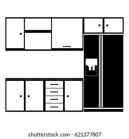 monochrome silhouette of modern kitchen cabinets with fridge vector illustration