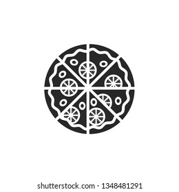 Monochrome silhouette pizza icon, vector illustration, isolated black symbol on white background, food logo