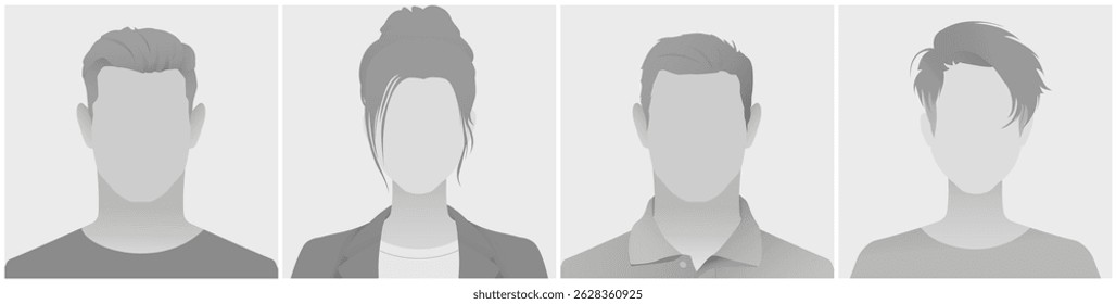 Monochrome silhouette profile avatars defoult photo placeholder feature diverse hairstyles and clothing styles. These placeholder images are ideal for social media profiles and online platforms