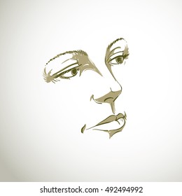 Monochrome silhouette of romantic attractive lady, face features. Hand-drawn vector illustration of woman visage, outline.