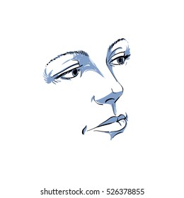 Monochrome silhouette of romantic attractive lady, face features. Hand-drawn vector illustration of woman visage, outline.