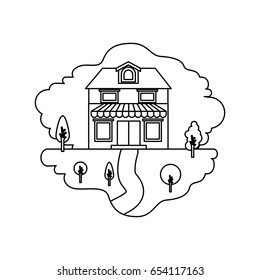 monochrome silhouette scene of natural landscape and house with two floors with attic and awning vector illustration