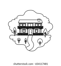 monochrome silhouette scene of natural landscape and country house of two floors with railing vector illustration