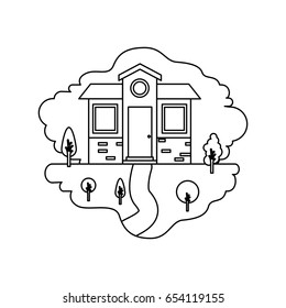 monochrome silhouette scene of natural landscape and small house facade vector illustration