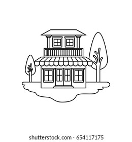 monochrome silhouette scene of outdoor landscape and house with two floors with balcony and awning vector illustration