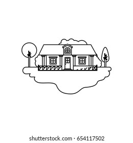 monochrome silhouette scene of outdoor landscape and country house with railing vector illustration