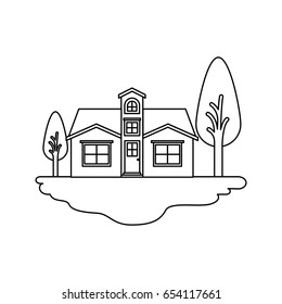 monochrome silhouette scene of outdoor landscape and facade house with attic vector illustration