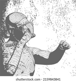 Monochrome silhouette of scuba diver in a combat stance. Mesh grid texture