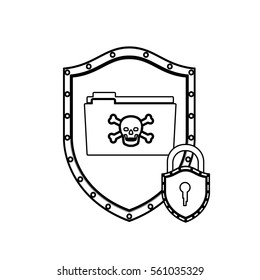 monochrome silhouette with shield with folder virus and padlock