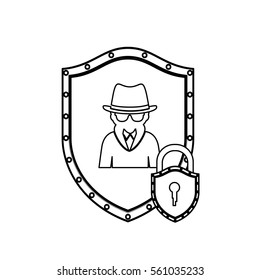 monochrome silhouette with shield with hacker and padlock