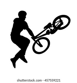 Monochrome silhouette of single bmx cyclist isolated on white. Art vector illustration