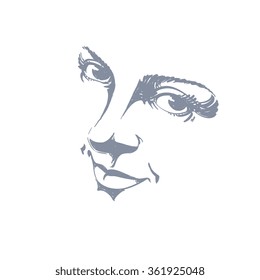 Monochrome silhouette of smiling attractive lady, face features. Hand-drawn vector illustration of woman visage, outline.