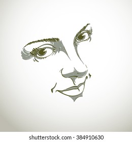 Monochrome silhouette of smiling attractive lady, face features. Hand-drawn vector illustration of woman visage, outline.