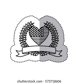 monochrome silhouette sticker with united states flag in shape of heart and olive crown with ribbon vector illustration