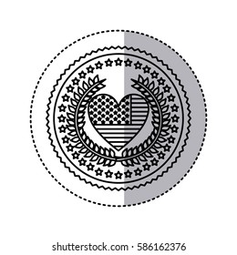 monochrome silhouette sticker with united states flag in shape of heart and olive crown and stars in round frame vector illustration