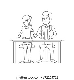 monochrome silhouette of teamwork of woman and man sitting in desk and her with short hair and him in formal suit with necktie vector illustration