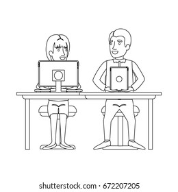 monochrome silhouette of teamwork of woman and man sitting in desk with tech devices and her with ponytail hairstyle and him in casual clothes vector illustration