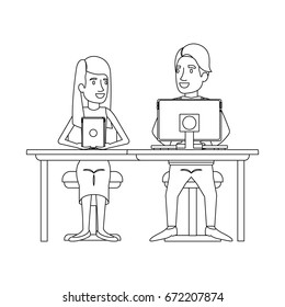 monochrome silhouette of teamwork of woman and man sitting in desk with tech devices and her with long hair and straight and him in casual clothes vector illustration