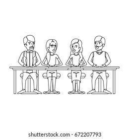 monochrome silhouette of teamwork of women and men sitting in desk vector illustration