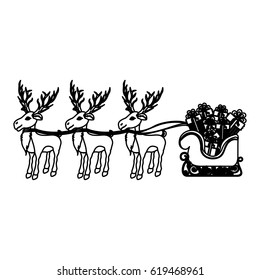 monochrome silhouette of three reindeers and sleigh with gifts vector illustration