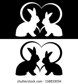 Monochrome silhouette of two rabbits and a heart. Vector-art illustration