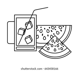 monochrome silhouette of watermelon slice and drink with ice cubes vector illustration