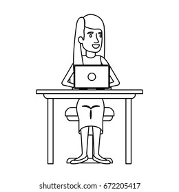 monochrome silhouette of woman with long hair and straight and sitting in chair in desk with laptop computer vector illustration